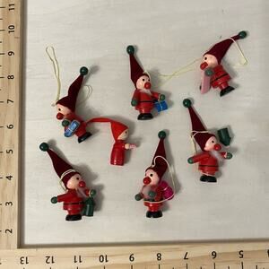 Christmas Ornaments Lot of 7 Wood w/ Felt Hats Elf or Gnomes